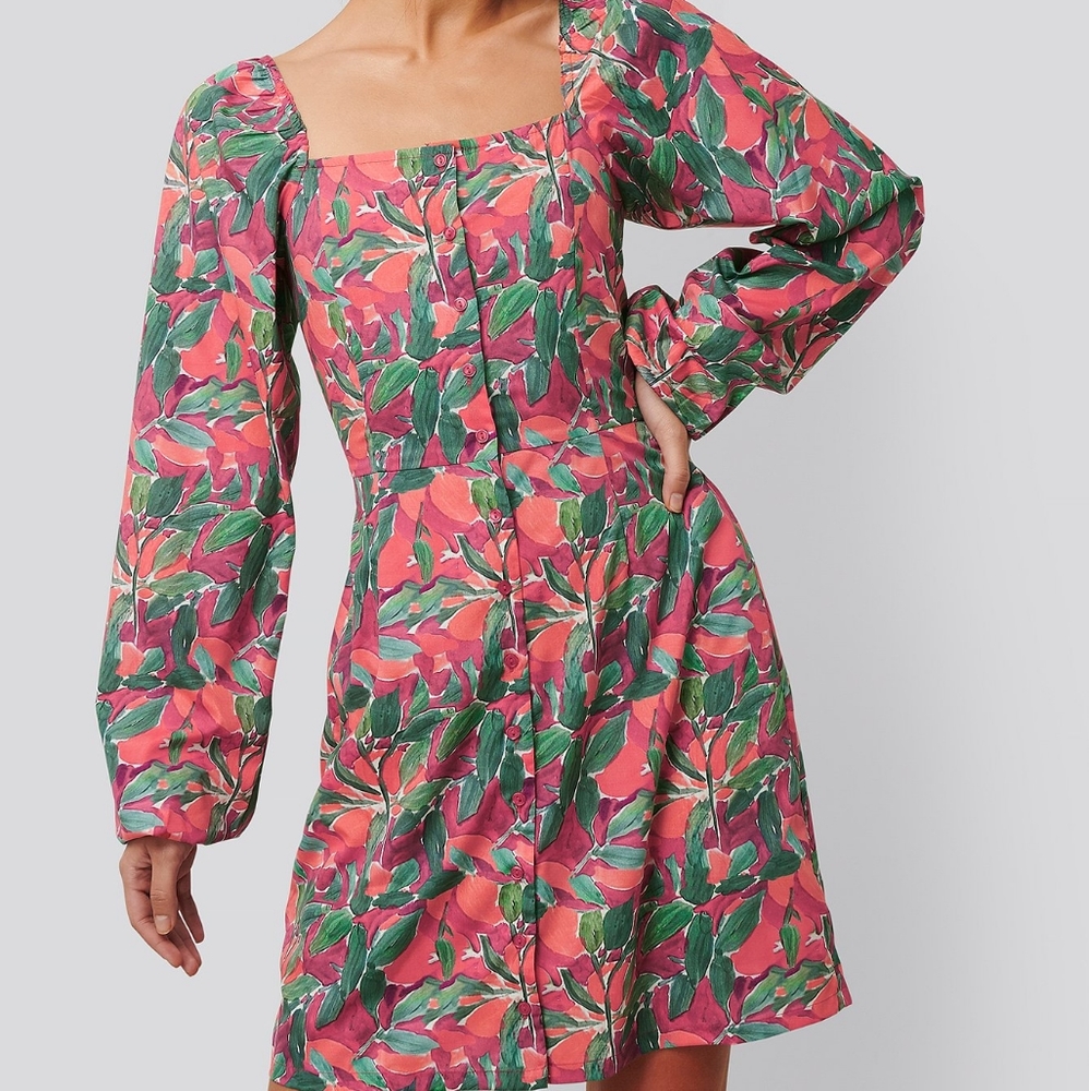 Nakd pink orange puff sleeve square neck dress sz 38